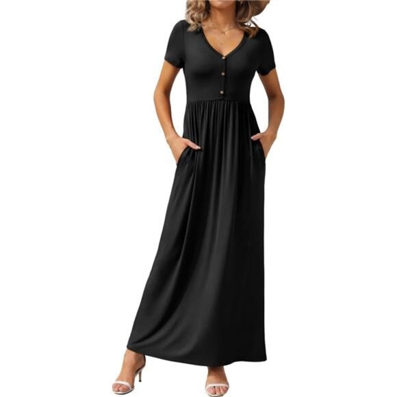 Womens Long Maxi Dresses 2025 Short Sleeve V Neck Casual Summer - Picture 1 of 10